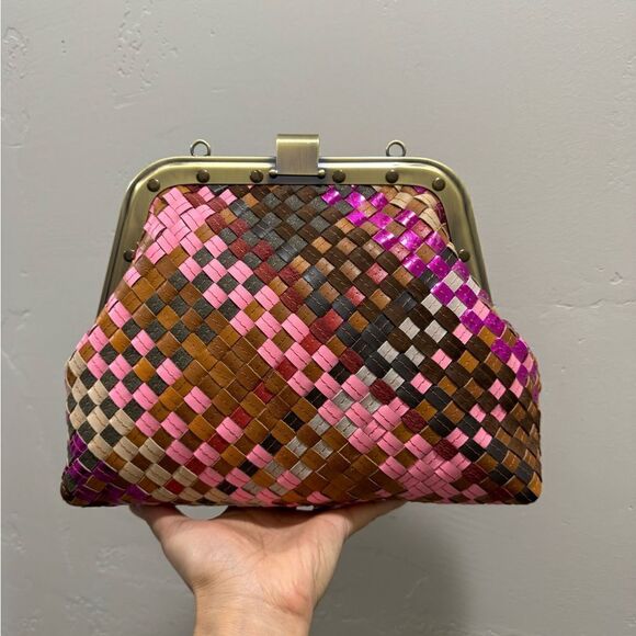 Colorful Genuine Woven Leather Retro Metal Frame & Push Lock Handbag, Crossbody - Picture 9 of 16